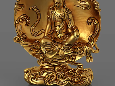 Golden Buddha Sculpture Carving With Intricate Cloud Patterns And Decorative Base 3d model