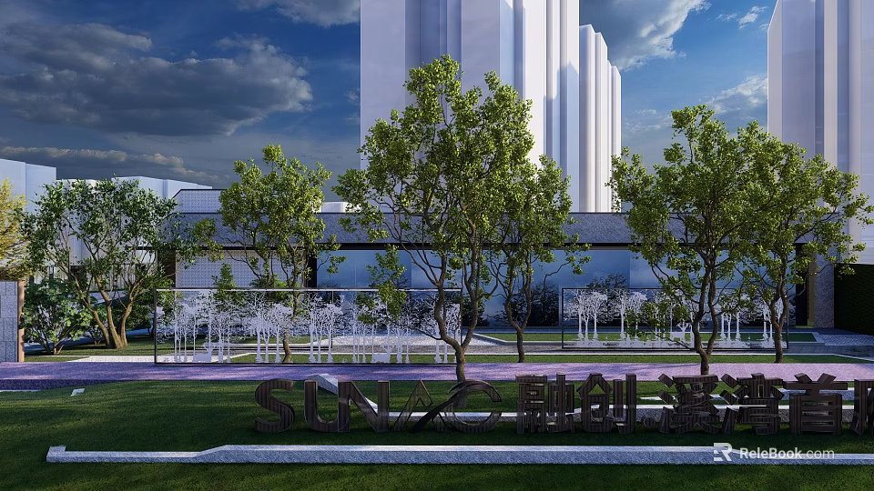 Sunac Riverside Lawn With Trees And Modern White High-Rise Building Scenery 3d model 