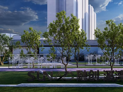 Sunac Riverside Lawn With Trees And Modern White High-Rise Building Scenery 3d model