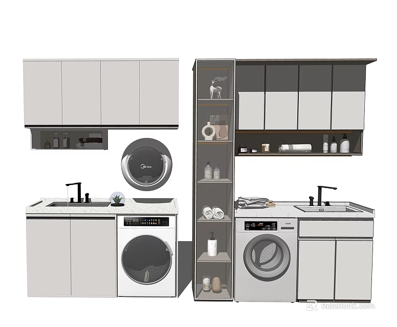 Modern Bathroom Cabinet With Sink Faucet Washing Machine And Storage Shelves 3d model 