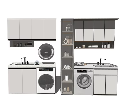 Modern Bathroom Cabinet With Sink Faucet Washing Machine And Storage Shelves 3d model