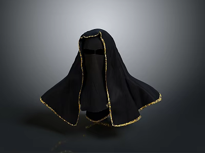 Woman Wearing Traditional Black Robe With Gold Trimmed Edges And Face Veil 3d model