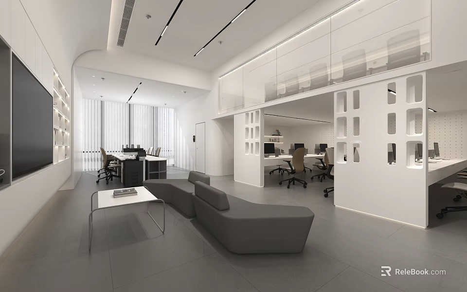 Modern Public Office Space Interior Design With Open Layout Sofa Workstations And Lighting 3d model 