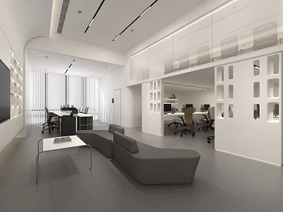Modern Public Office Space Interior Design With Open Layout Sofa Workstations And Lighting 3d model