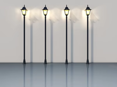 Four Black Illuminated Street Lamps Standing On Smooth Floor With White Wall Background 3d model