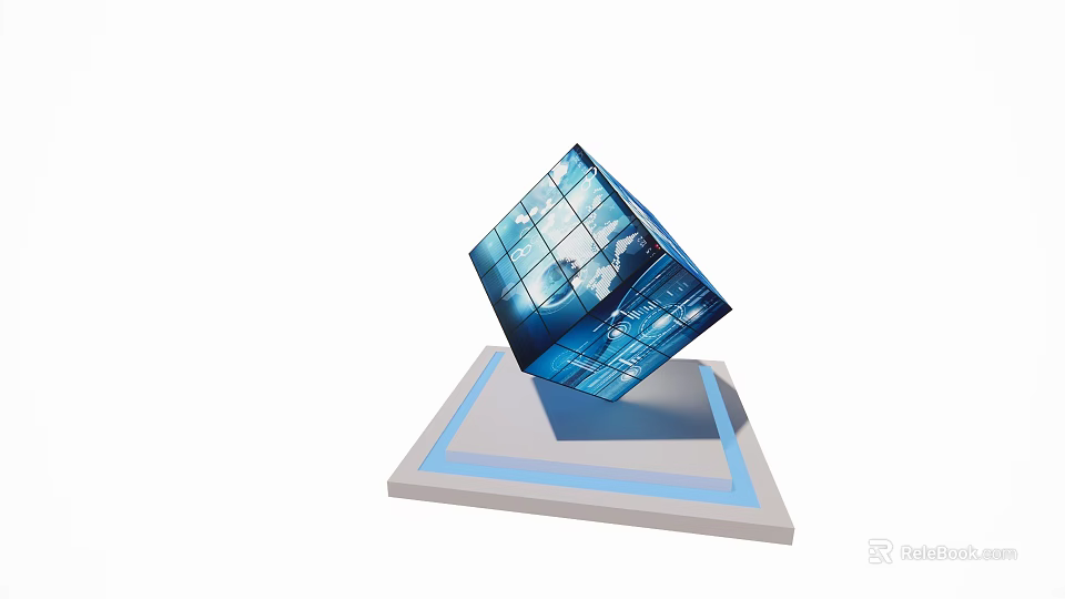 Modern Blue Cube Sculpture With Glass Reflective Surface On Decorative Base 3d model 