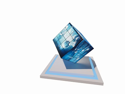 Modern Blue Cube Sculpture With Glass Reflective Surface On Decorative Base 3d model