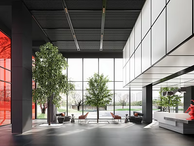 Modern Reception Desk in Spacious Lobby with Large Windows Indoor Trees and Red Accents 3d model