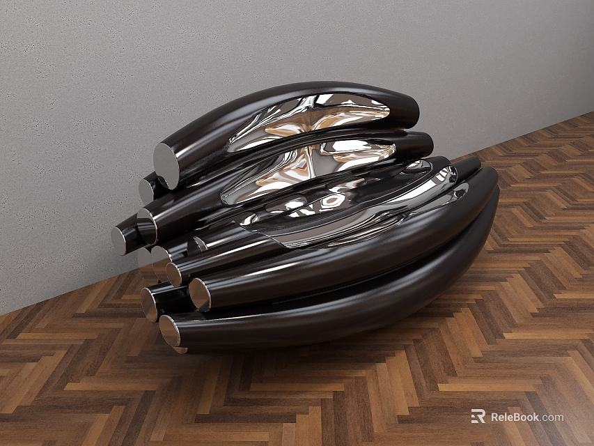 Glossy Black Clock with Curved Metallic Sheets Stacked on Wooden Parquet Floor Against Grey Wall 3d model 
