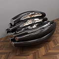 Glossy Black Clock with Curved Metallic Sheets Stacked on Wooden Parquet Floor Against Grey Wall