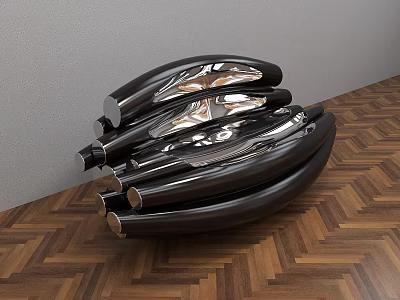 Glossy Black Clock with Curved Metallic Sheets Stacked on Wooden Parquet Floor Against Grey Wall 3d model