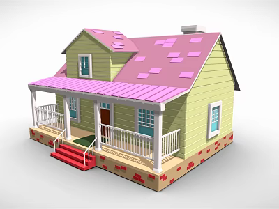 Cartoon House Scene Featuring Yellow Exterior Pink Roof Red Stairs White Porch Railings And Windows 3d model