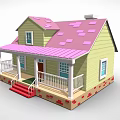 Cartoon House Scene Featuring Yellow Exterior Pink Roof Red Stairs White Porch Railings And Windows