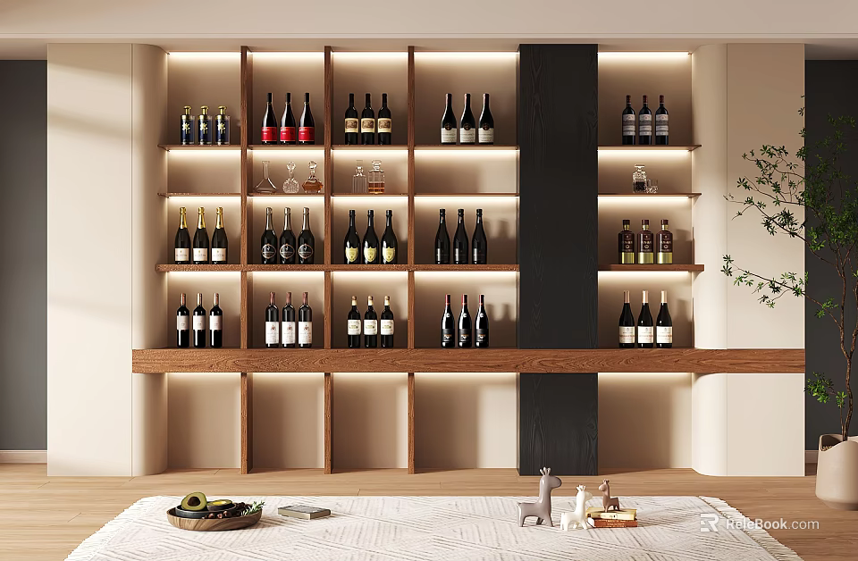 Elegant Modern Wine Cabinet With Illuminated Shelves And Wine Bottles Glasses 3d model 