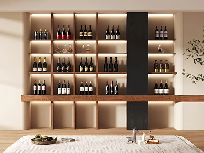 Elegant Modern Wine Cabinet With Illuminated Shelves And Wine Bottles Glasses 3d model