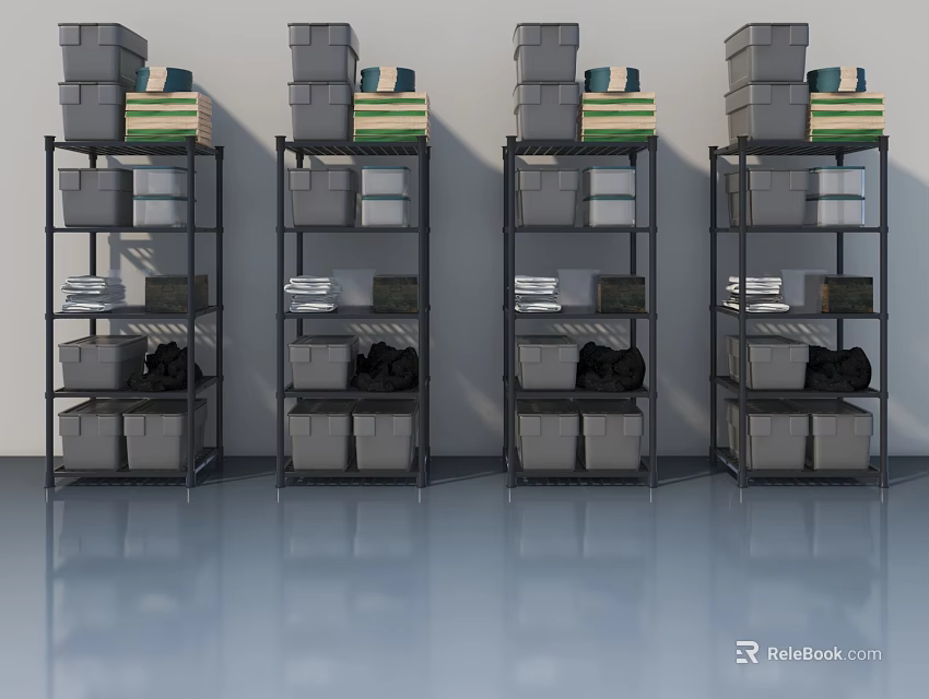 Swing Door Storage System With Metal Shelves Folded Fabrics And Storage Bins 3d model 