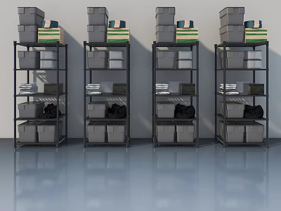 Swing Door Storage System With Metal Shelves Folded Fabrics And Storage Bins 3d model