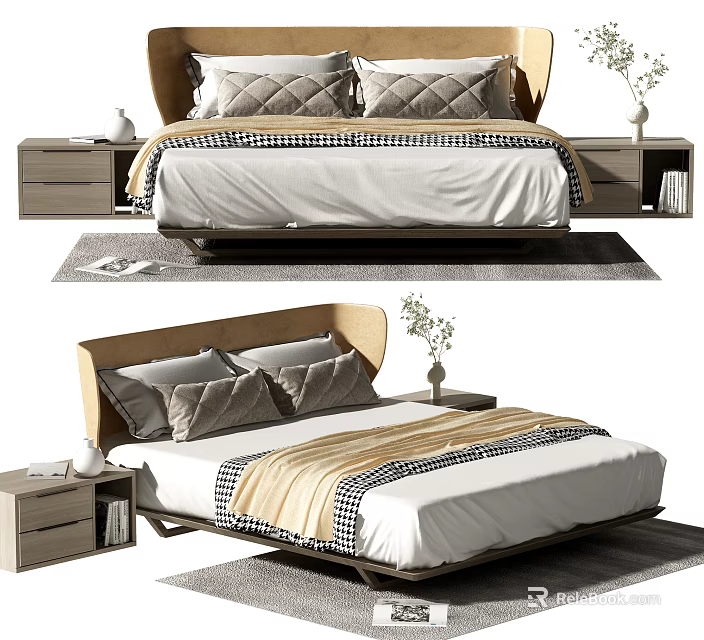Stylish Double Bed Design With Plaid Bedding Side Tables And Decorative Pillows 3d model 