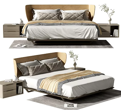 Stylish Double Bed Design With Plaid Bedding Side Tables And Decorative Pillows 3d model