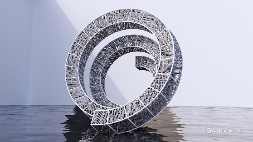 Abstract Spiral Grid Design Sculpture Standing With Water Surface And Reflection 3d model 