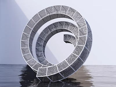 Abstract Spiral Grid Design Sculpture Standing With Water Surface And Reflection 3d model