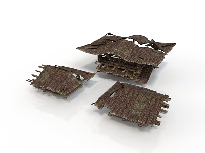 Traditional Wooden Thatched Roof Components With Broken Fragments And Weathered Structure 3d model