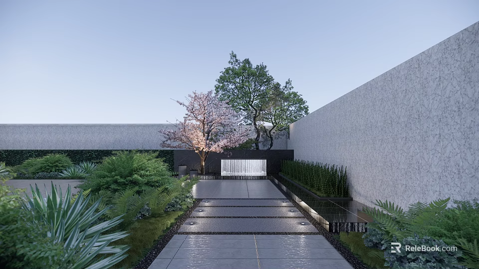 Serene Garden Landscape With Stone Pathway Cherry Blossom Tree Water Feature And Green Plants 3d model 