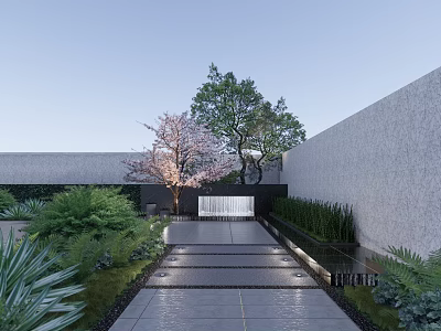 Serene Garden Landscape With Stone Pathway Cherry Blossom Tree Water Feature And Green Plants 3d model