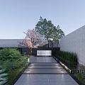 Serene Garden Landscape With Stone Pathway Cherry Blossom Tree Water Feature And Green Plants