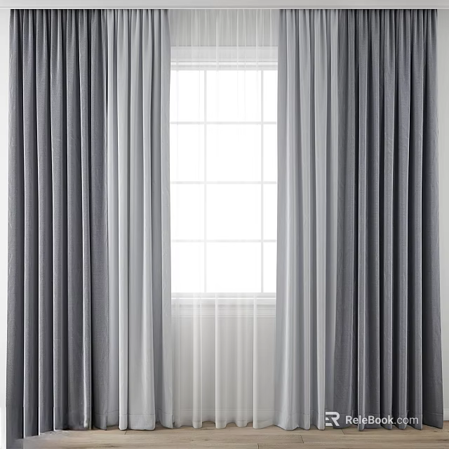 Modern Gray Curtains With Sheer White Liner Soft Texture For Home Window Interior 3d model 