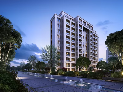 Modern Multi Storey Residential Building with Lush Trees Greenery and Water Features in Serene Surroundings 3d model