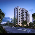 Modern Multi Storey Residential Building with Lush Trees Greenery and Water Features in Serene Surroundings