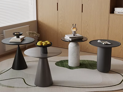Modern Round Side Tables With Black Gray And Marble Pedestal Design On Living Room Rug 3d model