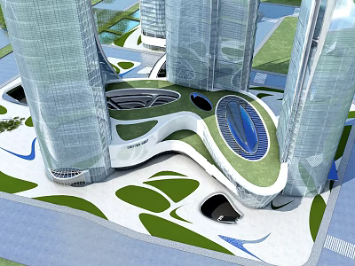 Modern Office Building With Glass Curtain Walls Green Roof And Unique Design 3d model