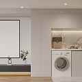 Modern Apartment Interior With Laundry Area Cabinets Marble And Plants