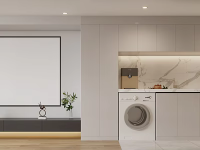 Modern Apartment Interior With Laundry Area Cabinets Marble And Plants 3d model