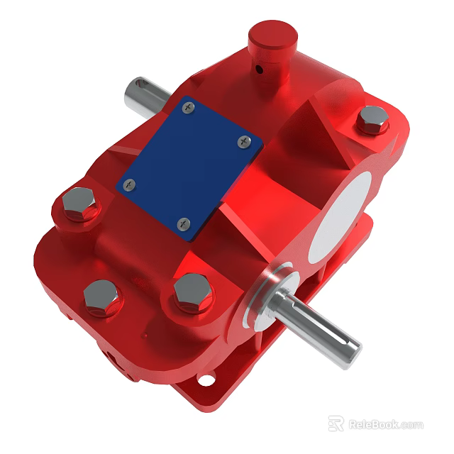 Red Industrial Gearbox Component With Blue Panel Silver Bolts And Metal Shaft 3d model 