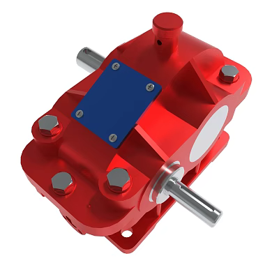 Red Industrial Gearbox Component With Blue Panel Silver Bolts And Metal Shaft 3d model