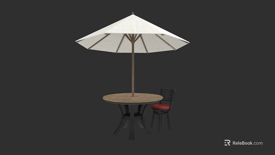Outdoor Patio Furniture Set With White Umbrella Round Wooden Table And Black Chair 3d model 