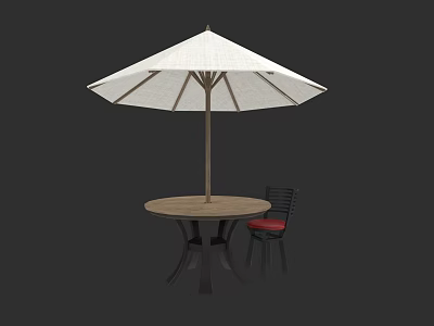 Outdoor Patio Furniture Set With White Umbrella Round Wooden Table And Black Chair 3d model