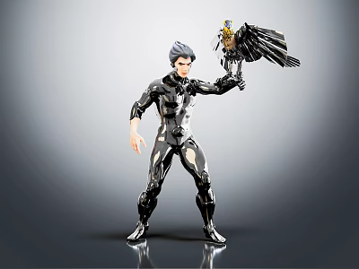 Action Character In Black Tech Outfit Holding Winged Bird Creature Toy Model 3d model