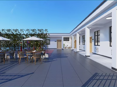 Bright Outdoor Courtyard With White Building Tables Chairs Umbrellas And Green Plants 3d model