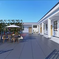 Bright Outdoor Courtyard With White Building Tables Chairs Umbrellas And Green Plants