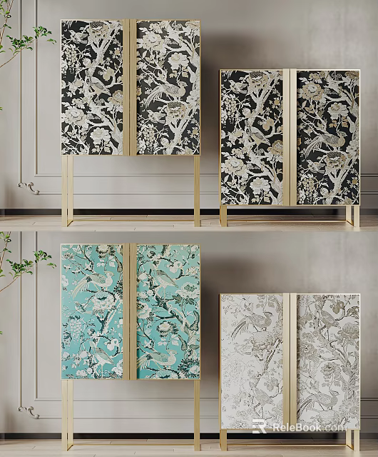 Elegant Modern Console And Side Cabinets With Floral Pattern Doors And Golden Frame 3d model