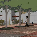 Dynamic Commercial Landscape With Brick Paved Walkway Trees Shops And Pedestrians