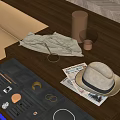 Elegant Jewelry Display In Drawer With Wooden Table Magnifying Glass Newspaper And Hat