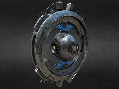 Futuristic Mechanical Device with Circular Metal Frame Central Sphere and Blue Accents 3d model