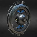 Futuristic Mechanical Device with Circular Metal Frame Central Sphere and Blue Accents