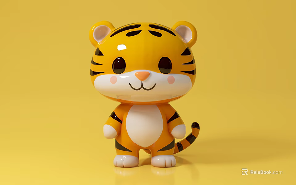 Cute Cartoon Tiger Game Character With Black Stripes White Belly Smiling Face And Yellow Background 3d model 