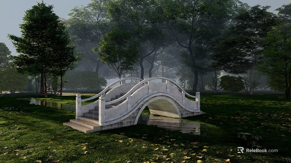 White Stone Arch Bridge Over Serene Water With Green Grass And Trees 3d model 